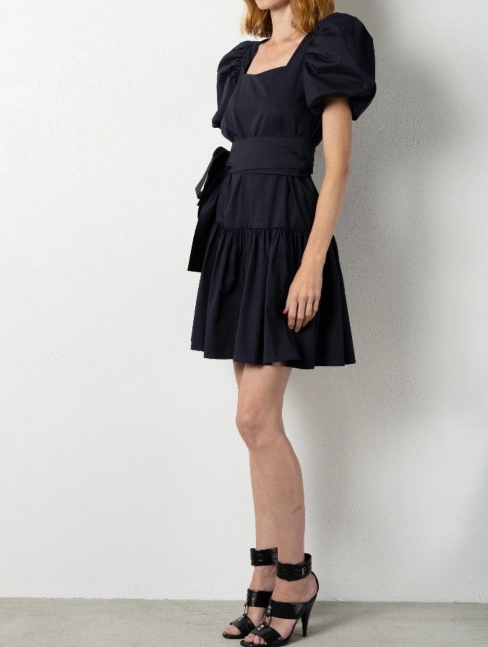 MONICA‎ NERA Jasmine Mini Dress Puff Sleeve Navy Women Sz M *Missing Waist Tie*